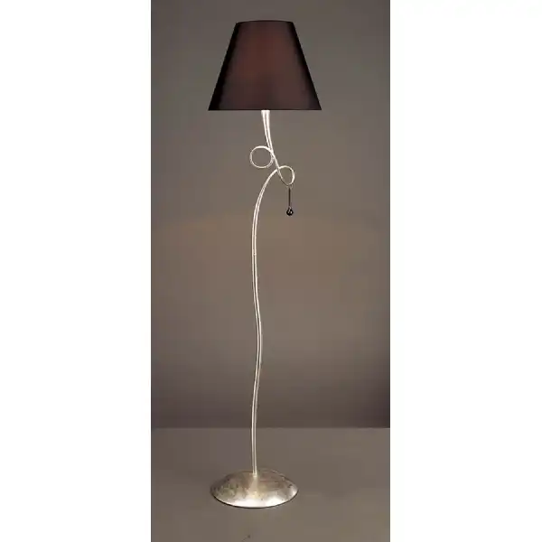 Paola Floor Lamp 1 Light E27, Silver Painted With Black Shade And Black Glass Droplets