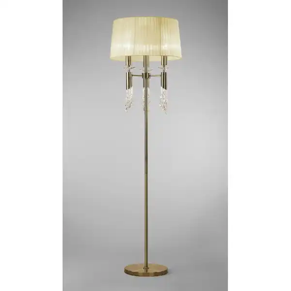 Tiffany Floor Lamp 3+3 Light E27+G9, Antique Brass With Cream Shade And Clear Crystal