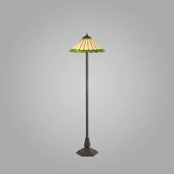 Ware 2 Light Octagonal Floor Lamp E27 With 40cm Tiffany Shade, Green Cream Crystal Aged Antique Brass
