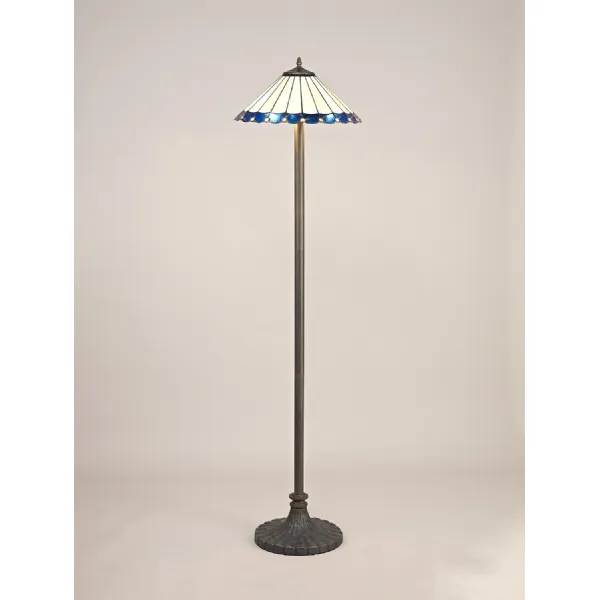 Ware 2 Light Stepped Design Floor Lamp E27 With 40cm Tiffany Shade, Blue Cream Crystal Aged Antique Brass