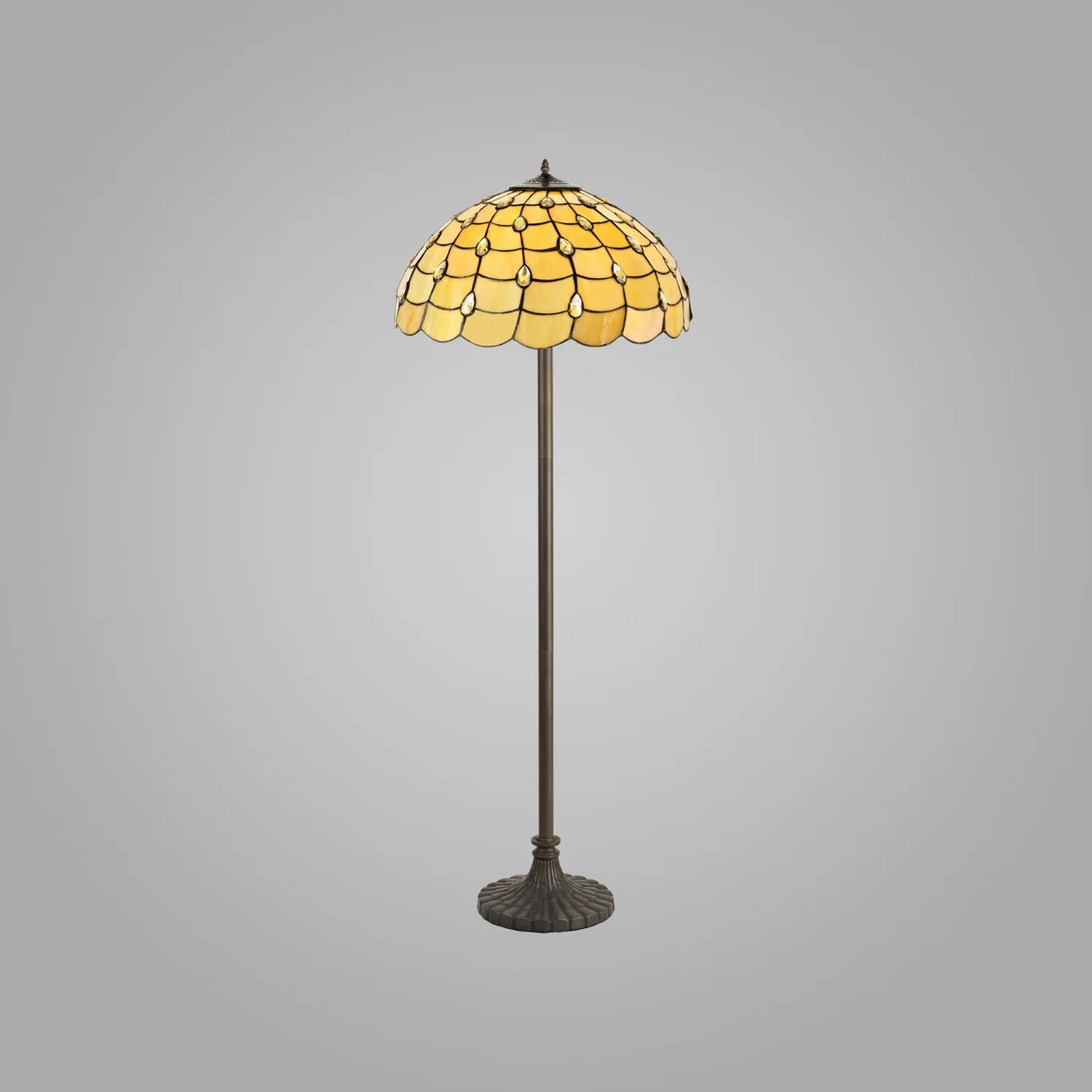 Stratford 2 Light Stepped Design Floor Lamp E27 With 50cm Tiffany Shade, Beige Clear Crystal Aged Antique Brass