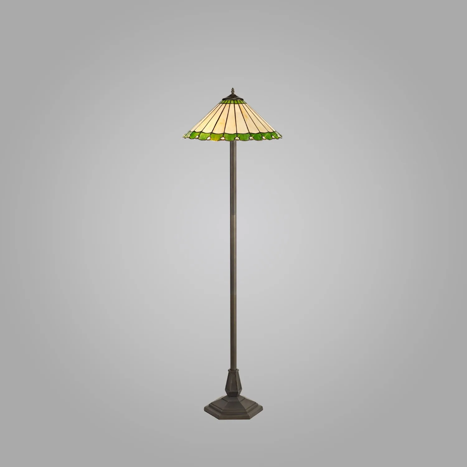 Ware 2 Light Octagonal Floor Lamp E27 With 40cm Tiffany Shade, Green Cream Crystal Aged Antique Brass