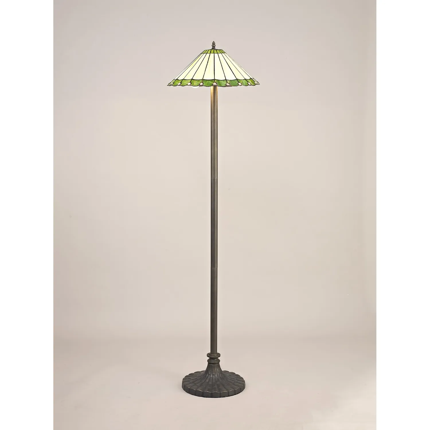 Ware 2 Light Stepped Design Floor Lamp E27 With 40cm Tiffany Shade, Green Cream Crystal Aged Antique Brass