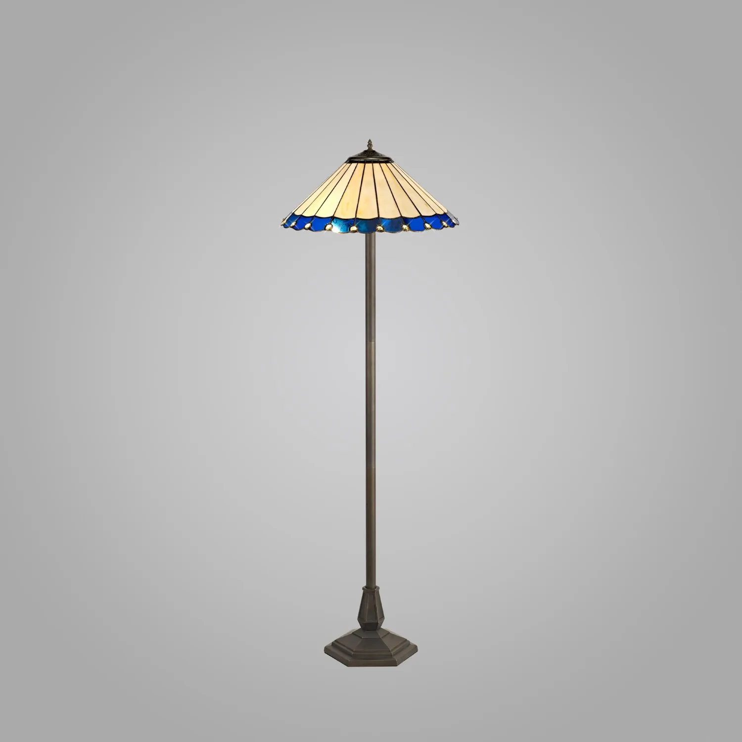 Ware 2 Light Octagonal Floor Lamp E27 With 40cm Tiffany Shade, Blue Cream Crystal Aged Antique Brass