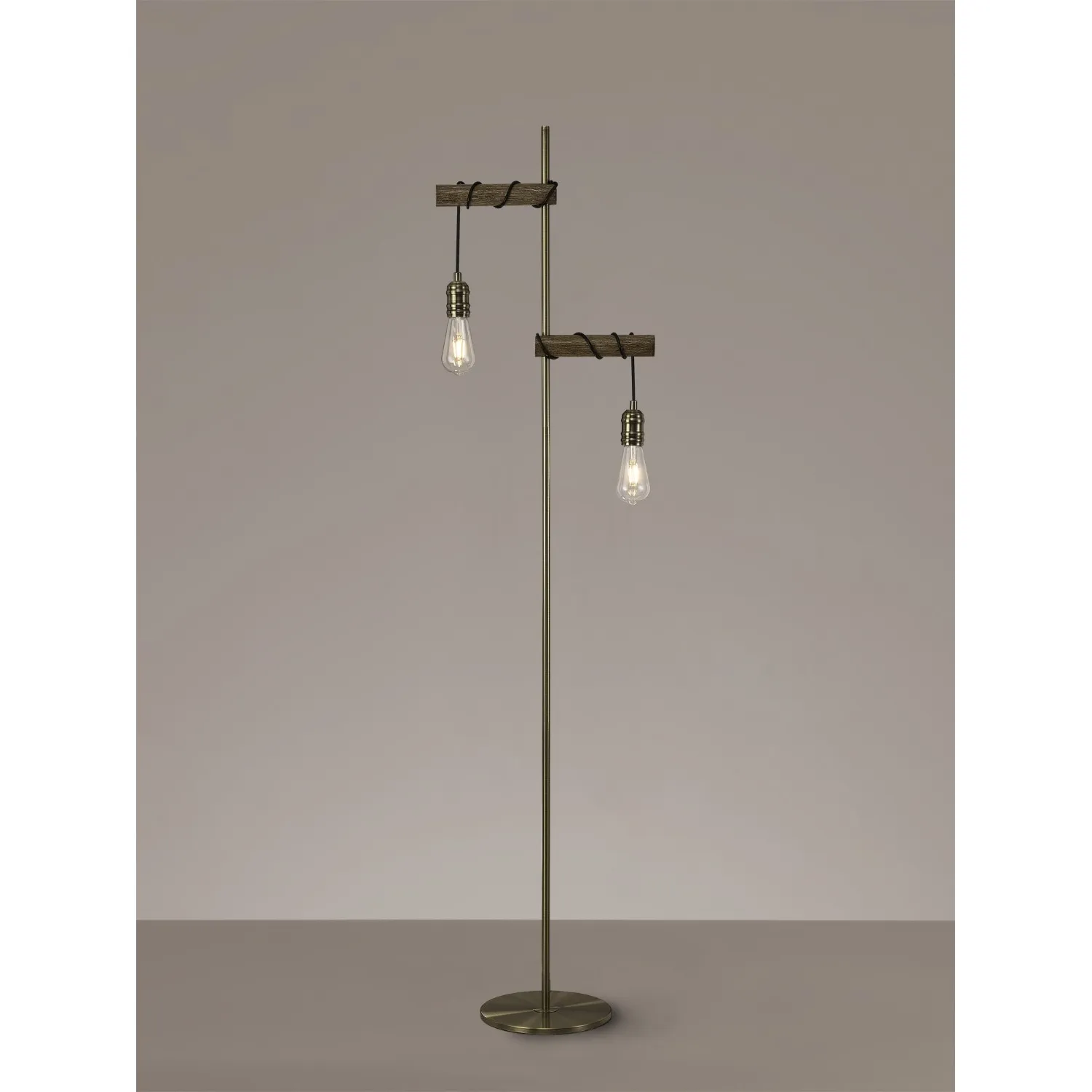 Sheerness Floor Lamp, 2 x E27, Medium Oak Antique Brass