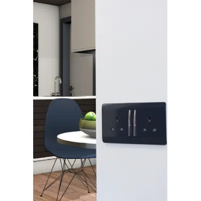 Trendi, Artistic Modern 2 Gang 13Amp Long Switched Double Socket Navy Blue Finish, BRITISH MADE, (25mm Back Box Required), 5yrs Warranty