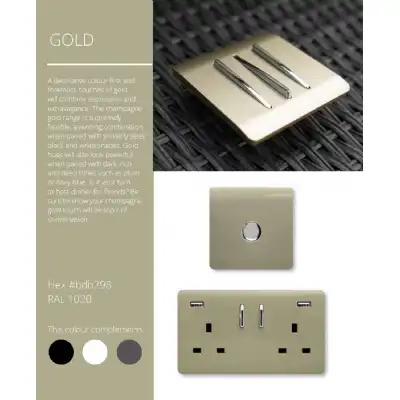 Trendi, Artistic Modern 2 Gang 13A Short S W Double Socket, 2x2.1Mah USB Champagne Gold Finish, BRITISH MADE, (35mm Back Box Required), 5yrs Warranty