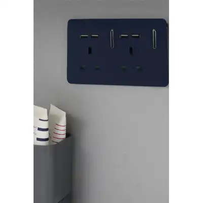 Trendi, Artistic Modern 2 Gang 13A Switched Double Socket With 4X 2.1Mah USB Navy Blue Finish, BRITISH MADE, (45mm Back Box Required), 5yrs Warranty