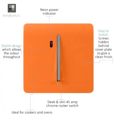 Trendi, Artistic Modern 20 Amp Neon Insert Double Pole Switch Orange Finish, BRITISH MADE, (25mm Back Box Required), 5yrs Warranty