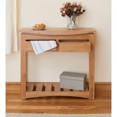 Light Solid Oak Console Table With 2 Drawers and Lower Shelf