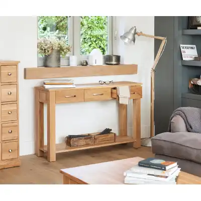 Solid Light Oak Wide Console Table With 3 Drawers and Bottom Shelf