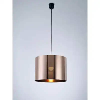 Dako Black Pendant 1 Light E27 With 350 x 250mm Metallic Copper Finish Cylinder Shade, c w Ceiling Bracket