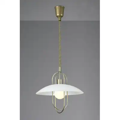 Riva Rise And Fall Pendant 1 Light E27, Antique Brass Opal White Glass Shade