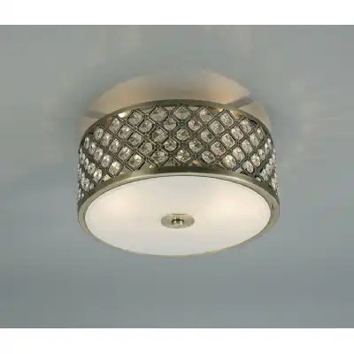 * Sasha 2 Light E14, Flush Ceiling Light, 300mm Round, Antique Brass With Crystal Glass And Opal Glass Diffuser