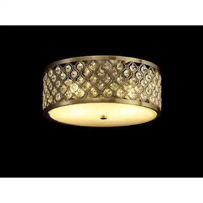 Sasha 2 Light E27, Flush Ceiling Light, 300mm Round, Antique Brass With Crystal Glass And Opal Glass Diffuser