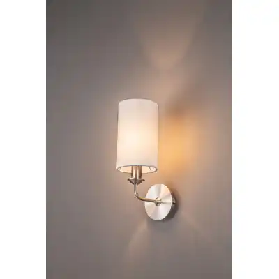 Banyan 1 Light Switched Wall Lamp, E14 Satin Nickel c w 120mm Faux Silk Shade, White
