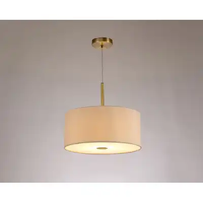Baymont Antique Brass 1 Light E27 3m Single Pendant c w 400mm Dual Faux Silk Shade, Nude Beige Moonlight c w 400mm Frosted AB Acrylic Diffuser