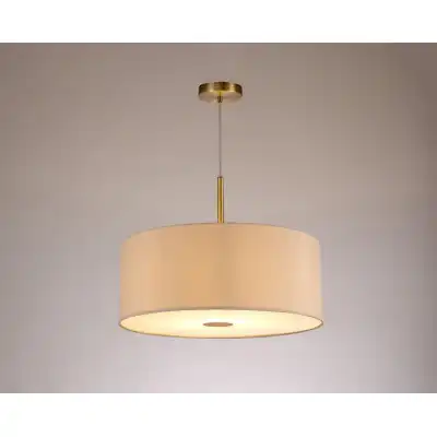 Baymont Antique Brass 1 Light E27 3m Single Pendant c w 500mm Dual Faux Silk Shade, Nude Beige Moonlight c w 500mm Frosted AB Acrylic Diffuser