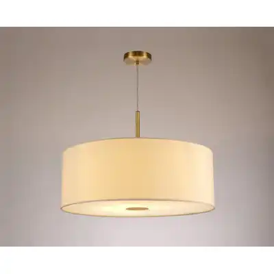 Baymont Antique Brass 1 Light E27 3m Single Pendant c w 600mm Faux Silk Shade, Ivory Pearl White Laminate c w 600mm Frosted AB Acrylic Diffuser