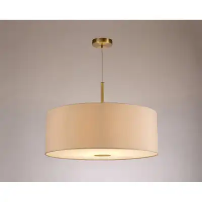 Baymont Antique Brass 1 Light E27 3m Single Pendant c w 600mm Dual Faux Silk Shade, Nude Beige Moonlight c w 600mm Frosted AB Acrylic Diffuser