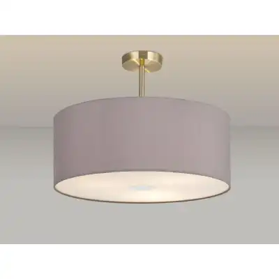 Baymont Antique Brass 3 Light E27 Semi Flush c w 500 x 200mm Faux Silk Fabric Shade, Grey White Laminate And 500mm Frosted AB Acrylic Diffuser