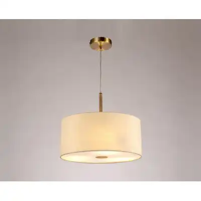 Baymont Antique Brass 3m 3 Light E27 Single Pendant c w 400mm Faux Silk Shade, Ivory Pearl White Laminate And 400mm Frosted AB Acrylic Diffuser