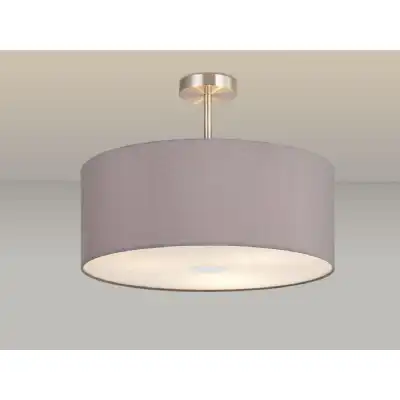 Baymont Satin Nickel 3 Light E27 Semi Flush c w 500 x 200mm Faux Silk Fabric Shade, Grey White Laminate And 500mm Frosted PC Acrylic Diffuser