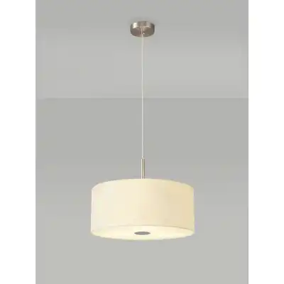 Baymont Satin Nickel 3m 3 Light E27 Single Pendant c w 400 Faux Silk Fabric Shade, Ivory Pearl White Laminate And 400mm Frosted PC Acrylic Diffuser