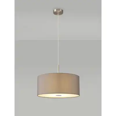 Baymont Satin Nickel 3m 3 Light E27 Single Pendant c w 400 x 180mm Faux Silk Fabric Shade, Grey White Laminate And 400mm Frosted PC Acrylic Diffuser