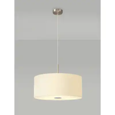 Baymont Satin Nickel 3m 3 Light E27 Single Pendant c w 500 Faux Silk Fabric Shade, Ivory Pearl White Laminate And 500mm Frosted PC Acrylic Diffuser