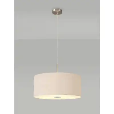Baymont Satin Nickel 3m 3 Light E27 Single Pendant c w 500 Dual Faux Silk Fabric Shade, Nude Beige Moonlight And 500mm Frosted PC Acrylic Diffuser