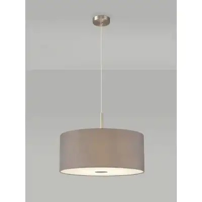 Baymont Satin Nickel 3m 3 Light E27 Single Pendant c w 500 x 200mm Faux Silk Fabric Shade, Grey White Laminate And 500mm Frosted PC Acrylic Diffuser