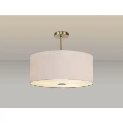 Baymont Antique Brass 5 Light E27 Semi Flush Fixture c w 600 Dual Faux Silk Fabric Shade, Nude Beige Moonlight And 600mm Frosted PC Acrylic Diffuser