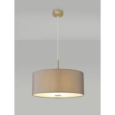 Baymont Antique Brass 3m 5 Light E27 Single Pendant c w 600 x 220mm Faux Silk Fabric Shade, Grey White Laminate And 600mm Frosted PC Acrylic Diffuser