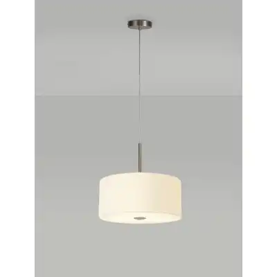 Baymont Satin Nickel 3m 5 Light E27 Single Pendant c w 400mm Faux Silk Shade, Ivory Pearl White Laminate And 400mm Frosted SN Acrylic Diffuser
