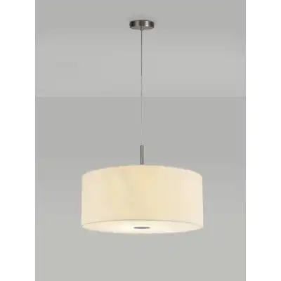 Baymont Satin Nickel 3m 5 Light E27 Single Pendant c w 600 Faux Silk Fabric Shade, Ivory Pearl White Laminate And 600mm Frosted PC Acrylic Diffuser