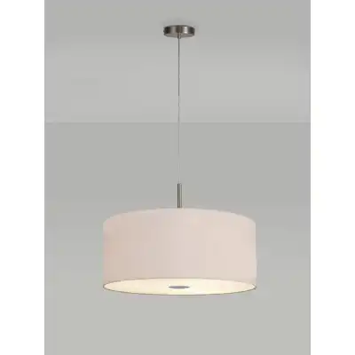 Baymont Satin Nickel 3m 5 Light E27 Single Pendant c w 600 Dual Faux Silk Fabric Shade, Nude Beige Moonlight And 600mm Frosted PC Acrylic Diffuser