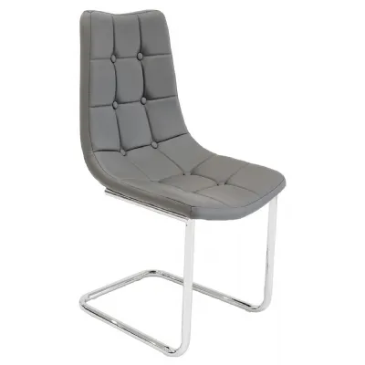 Grey Leather Chrome Buttoned Dining Chair Cantilever Legs
