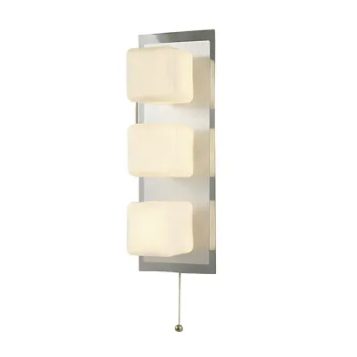 IP44 Cube Wall Lamp With Pull Cord Switch 3 Light G9 Polished Chrome & Aluminium Opal Glass