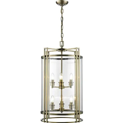 Eaton Pendant 6 Light E14 Antique Brass Glass