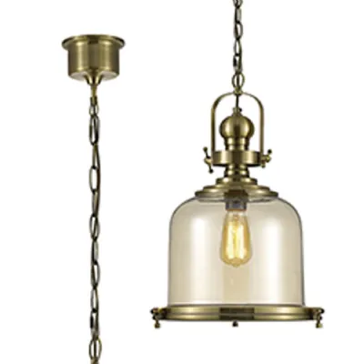 Riley Single Medium Bell Pendant 1 Light E27 Antique Brass Cognac Glass