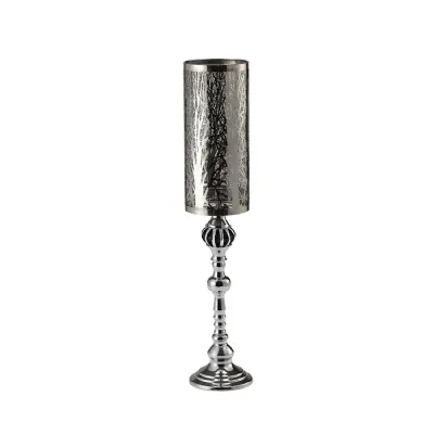 (DH) Amira Glass Art Candle Holder Tall Polished Chrome Pattern