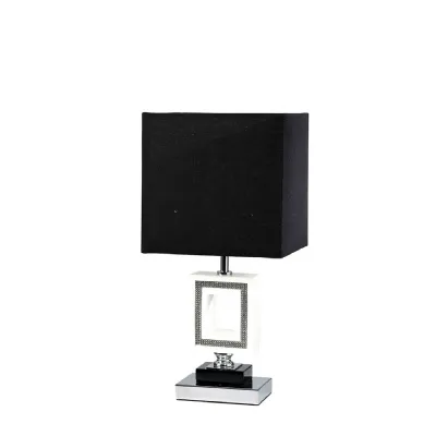 (DH) Linea Table Lamp Square 1 Light E27 With Black Shade Polished Chrome Black Crystal