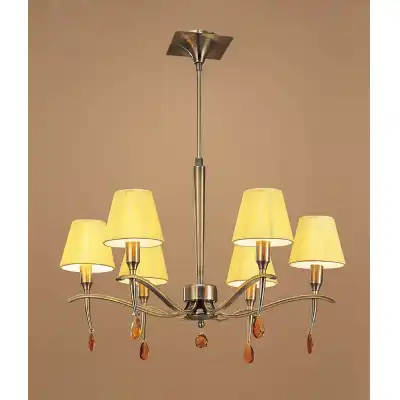 Siena Pendant Round 6 Light E14, Antique Brass With Amber Cream Shades And Amber Crystal
