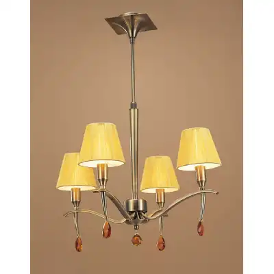 Siena Pendant Round 4 Light E14, Antique Brass With Amber Cream Shades And Amber Crystal