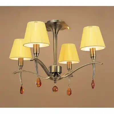 Siena Semi Flush Round 4 Light E14, Antique Brass With Amber Cream Shades And Amber Crystal