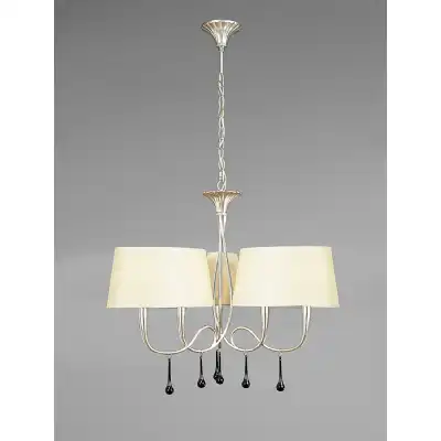 Paola Pendant 3 Arm 6 Light E14, Silver Painted With Cream Shades And Black Glass Droplets