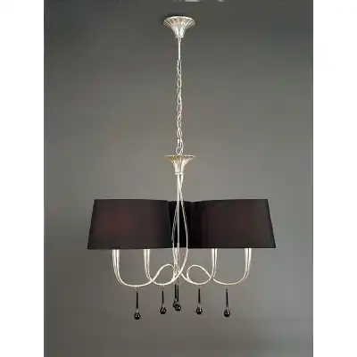 Paola Pendant 3 Arm 6 Light E14, Silver Painted With Black Shades And Black Glass Droplets