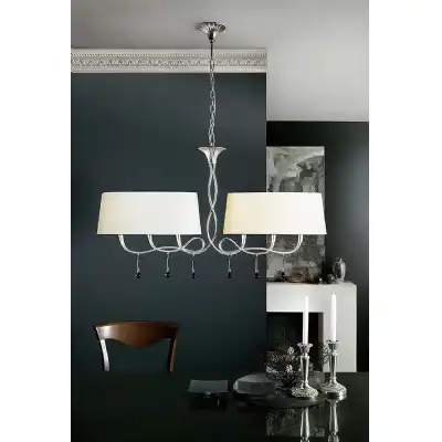Paola Linear Pendant 2 Arm 6 Light E14, Silver Painted With Cream Shades And Black Glass Droplets