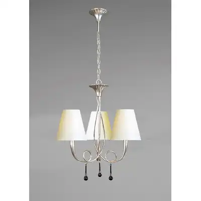 Paola Pendant 3 Light E14, Silver Painted With Cream Shades And Black Glass Droplets